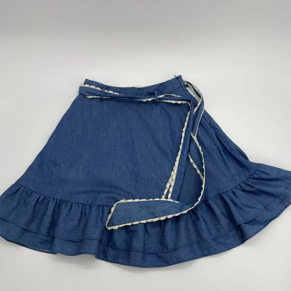 MODCLOTH Chambray Skirt Women's Size S Mini Ruffle Self Tie Belt A-Line Pockets